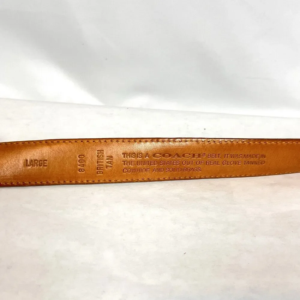 Coach Preppy Vtg. Y2K British Tan Leather Belt Large Brass Buckle USA Made 8400